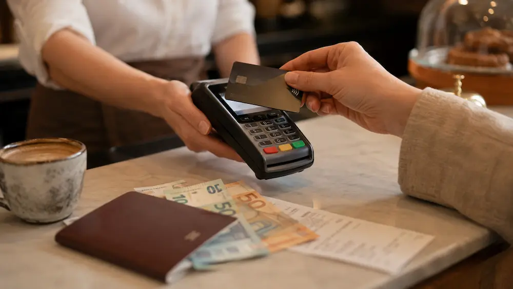 Płatność zbliżeniowa kartą przy terminalu podczas podróży